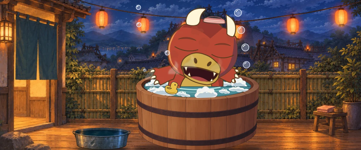 Goro soaks in a wooden tub on a lantern-lit terrace at night.