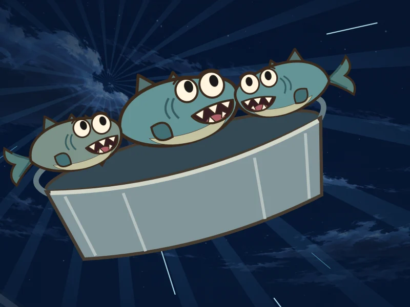 The washtub rockets into the night sky with the fish inside, screaming.