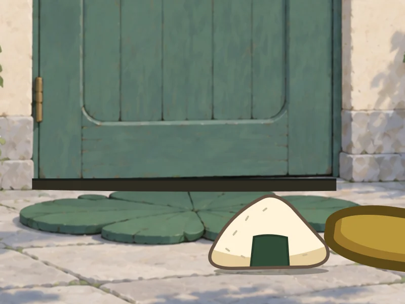 A rice ball is pushed up to the bottom of the door.