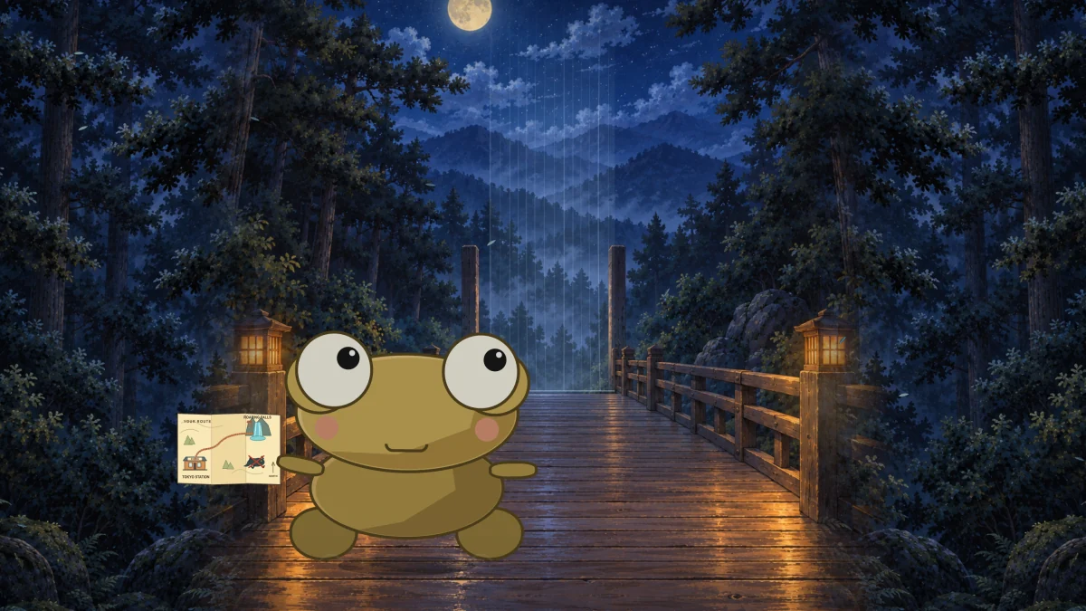 At night, Kero stands at the foot of a wooden bridge in the forest, map in hand.