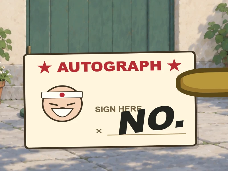 The card comes back out of the door with NO. scrawled across it.