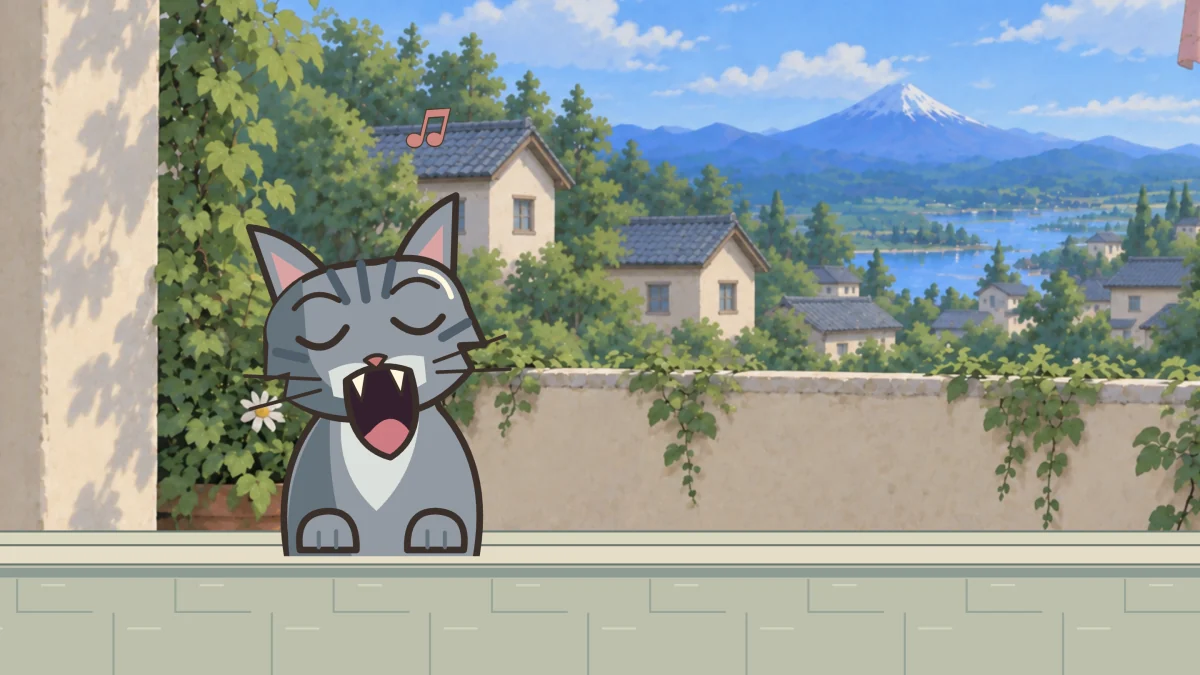 An alley cat on the wall joins in, mouth wide open.