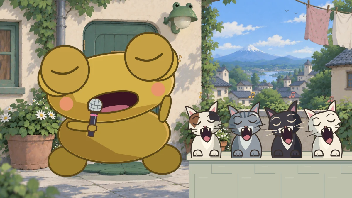 Kero and four alley cats sing at the top of their voices.