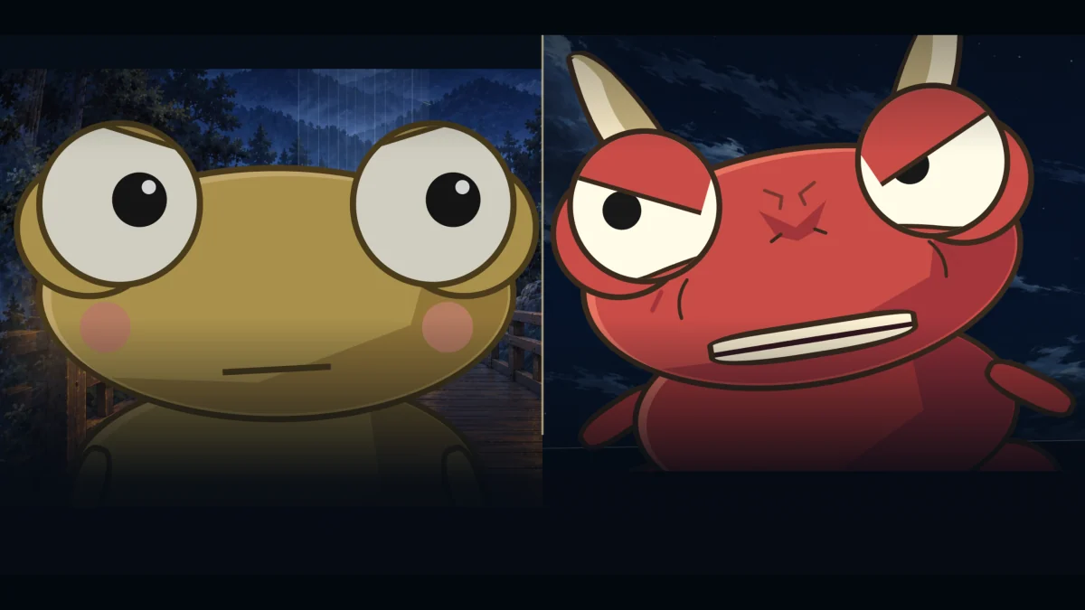 Kero and a scowling red oni, side by side in the night.