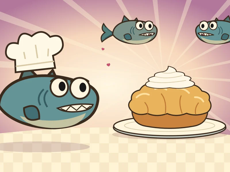 The other two fish float in, dreamy, as cream appears on the pie.