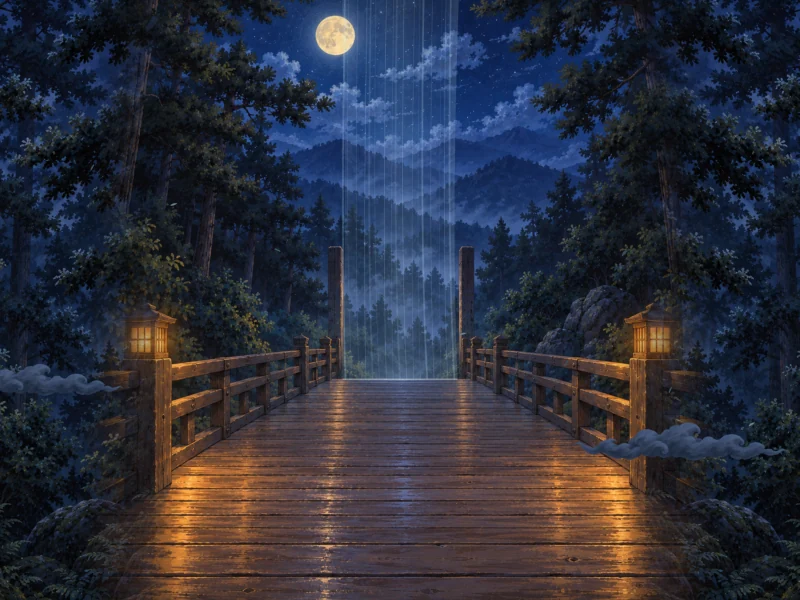 A wooden bridge leads into a dark forest under the moon.