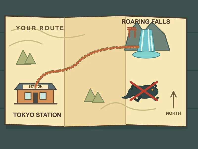 The route is drawn in red, and the salamander on the map is crossed out.