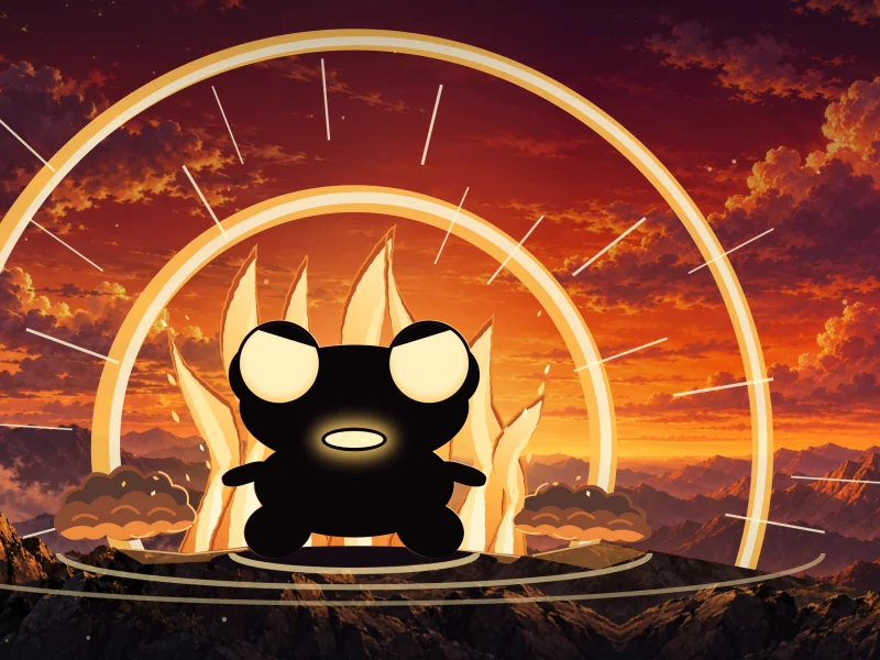 A frog in silhouette stands before a blazing sun, rings of golden light around him.