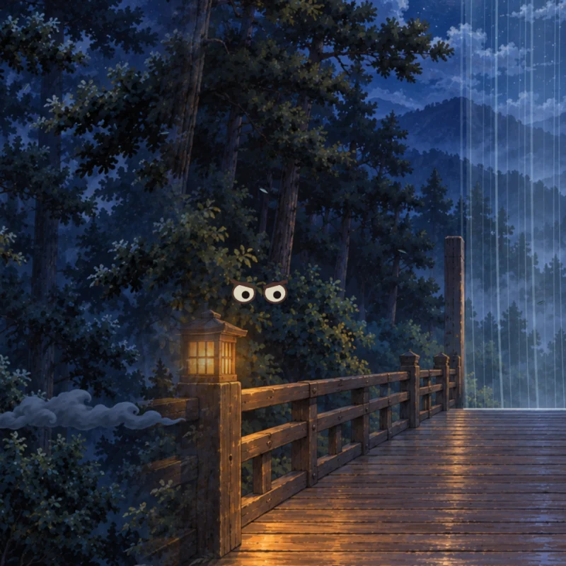 Two eyes glint in the dark beside the bridge.