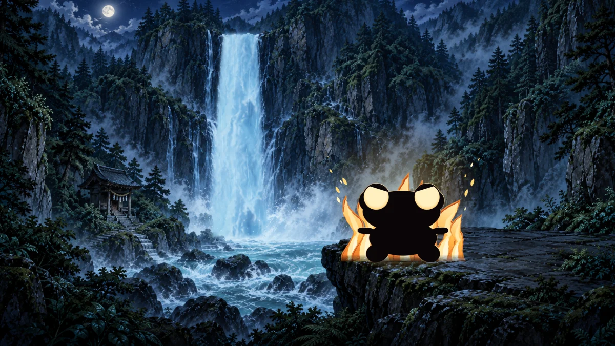 A great waterfall thunders into a misty pool. The frog silhouette stands on a rock beside it.