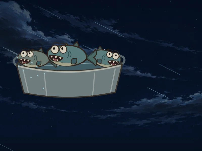A washtub full of screaming fish streaks down out of the night sky.