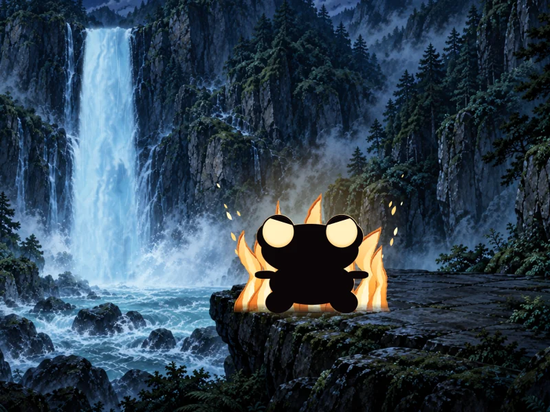 The frog silhouette stands ready before the falls.
