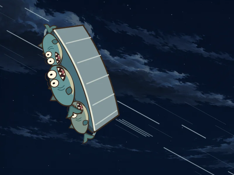 The washtub spins off into the night sky with the fish inside.