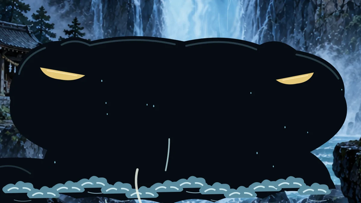 The giant salamander rises until it almost blots out the falls.