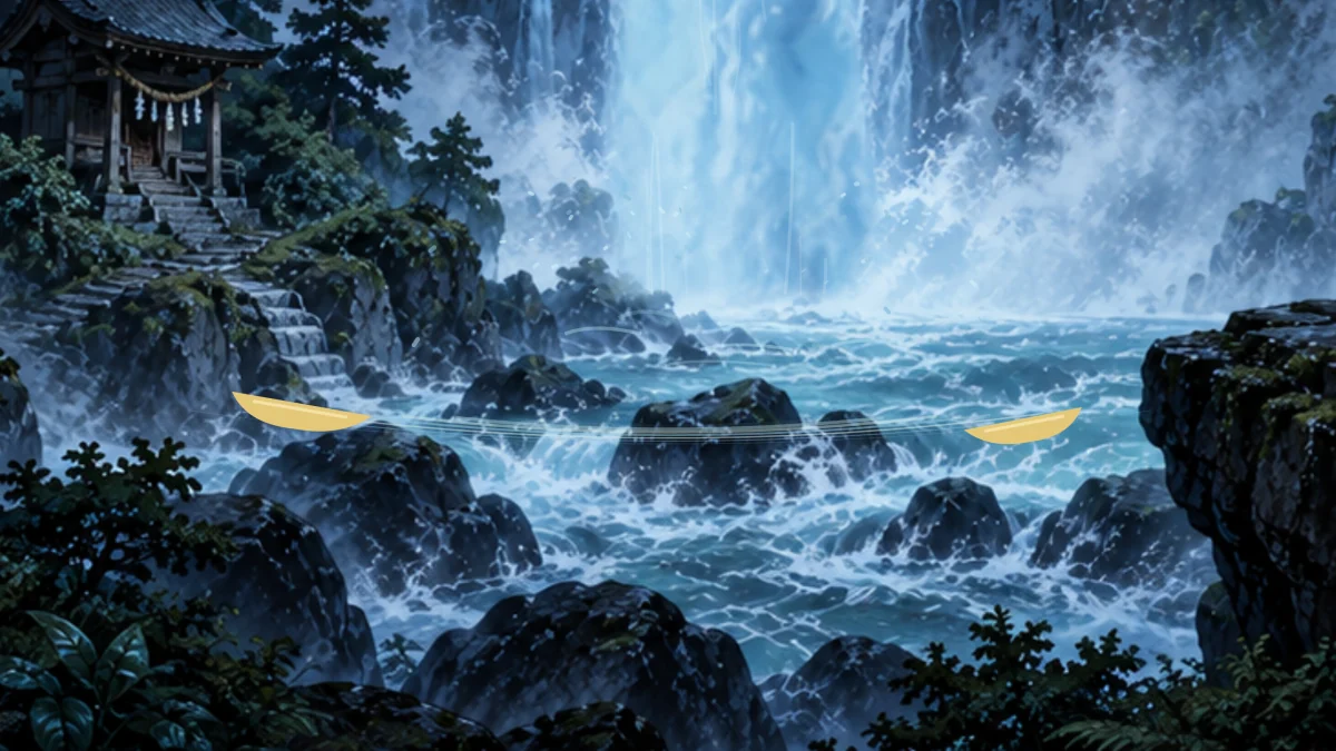 Two golden eyes open under the churning pool below the falls.