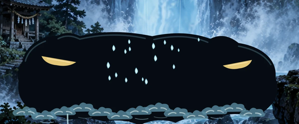 A huge dark head rises out of the water, its golden eyes half shut.