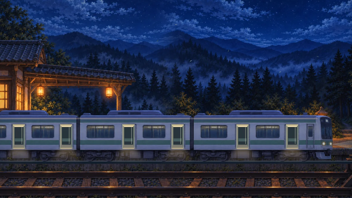 The train waits at a lonely mountain station at night.