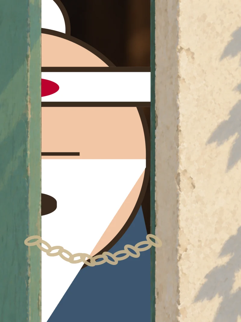 Sensei peers through the gap of his chained door.