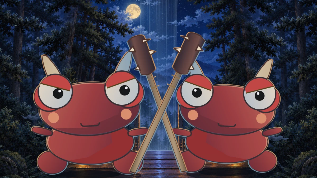 The two oni scowl, their clubs crossed between them.