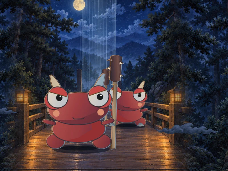Two red oni with spiked clubs stand on the bridge.