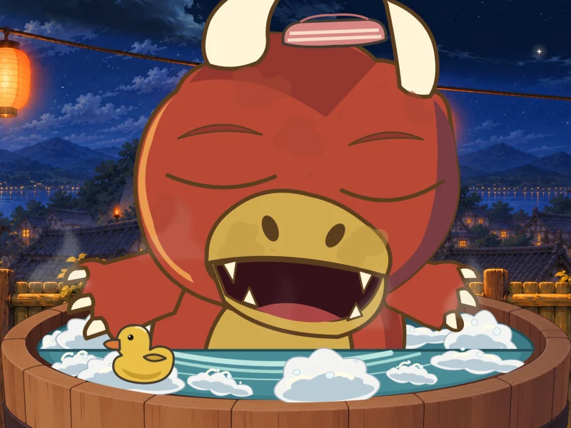 Goro relaxes in the bubbles, eyes closed, a rubber duck floating by.
