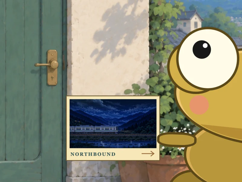Kero holds up a NORTHBOUND postcard of a train in a moonlit valley.