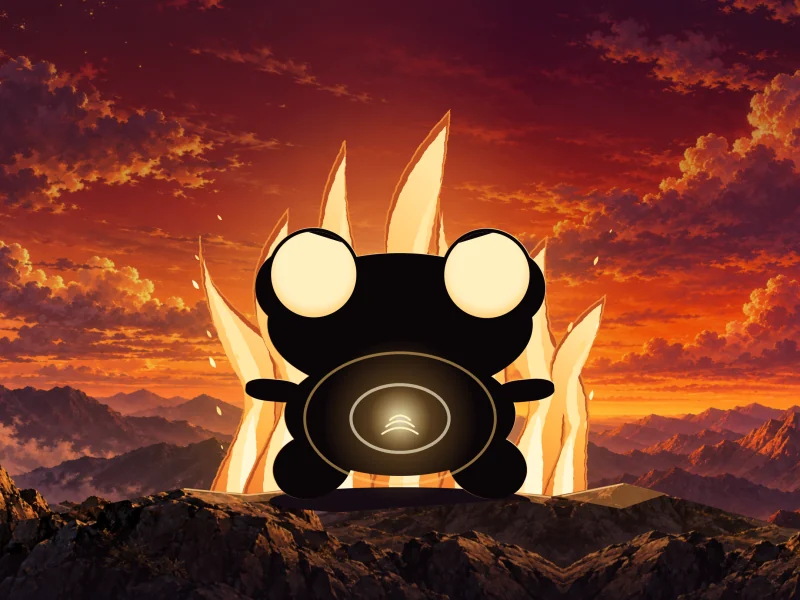 The frog silhouette glows, a golden light awake in his chest.