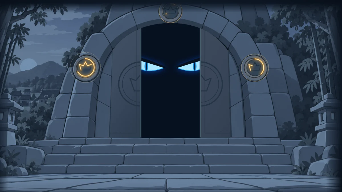 Blue eyes glow in the dark doorway of an ancient stone gate.