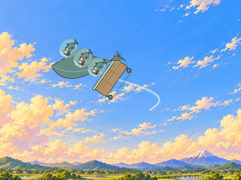 The Fin Brigade and their trolley sail off into the sky.