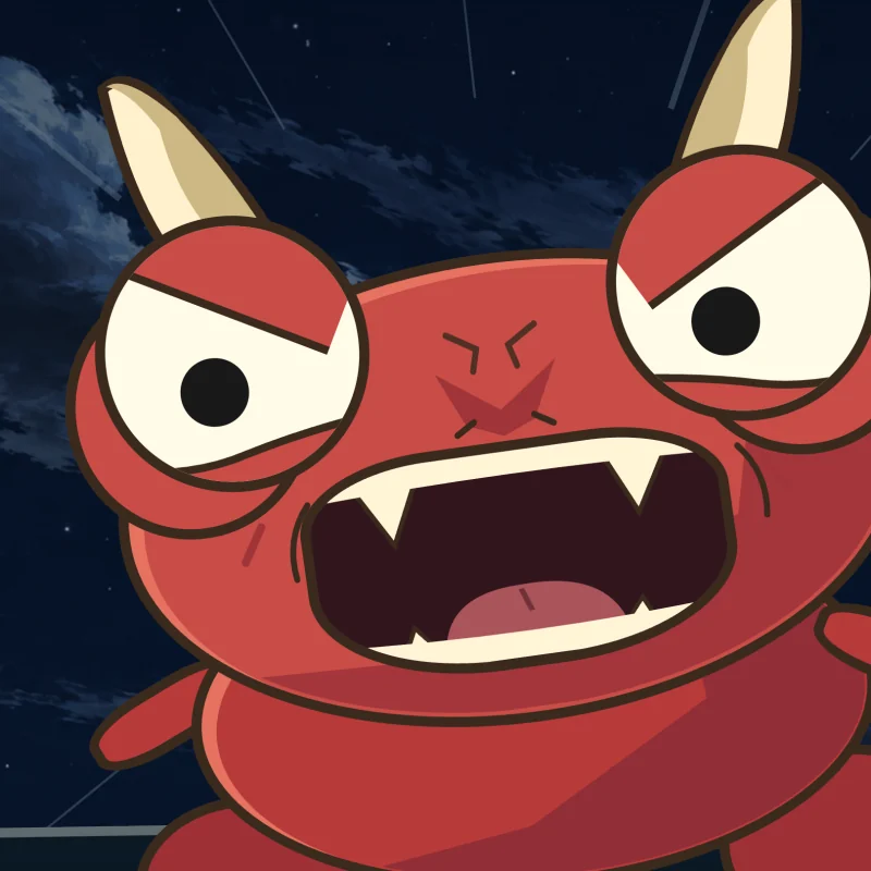 A red oni roars at the fish.