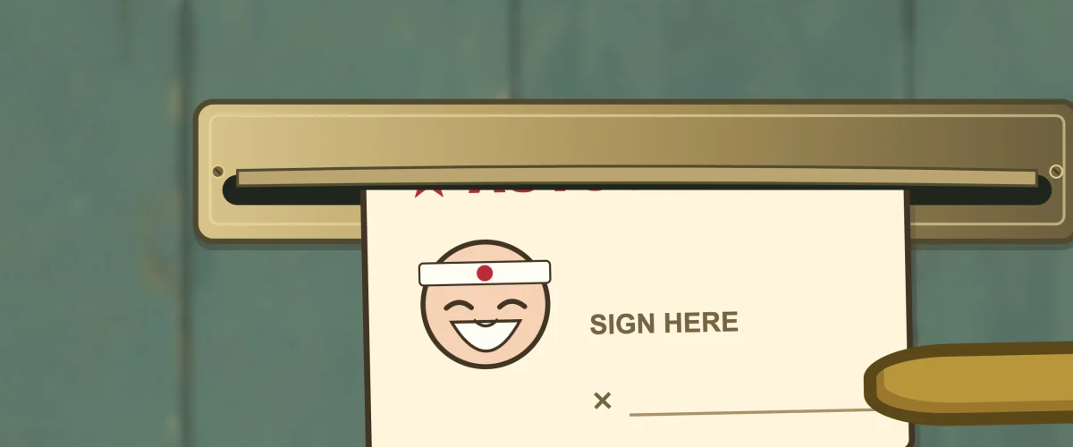 Kero slides the autograph card through Sensei’s mail slot.