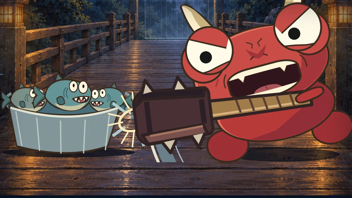 The oni swings its club into the washtub.