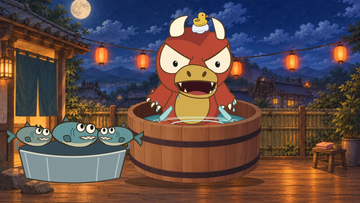 Goro stands up in his tub to give his orders. The fish listen from their washtub.