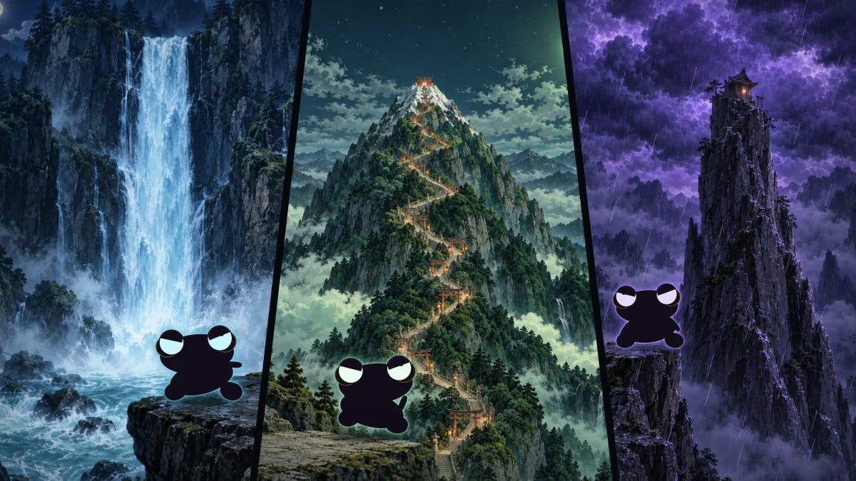Three wild places side by side: a roaring waterfall, a winding mountain path and a dark peak under a storm, a small frog silhouette before each.