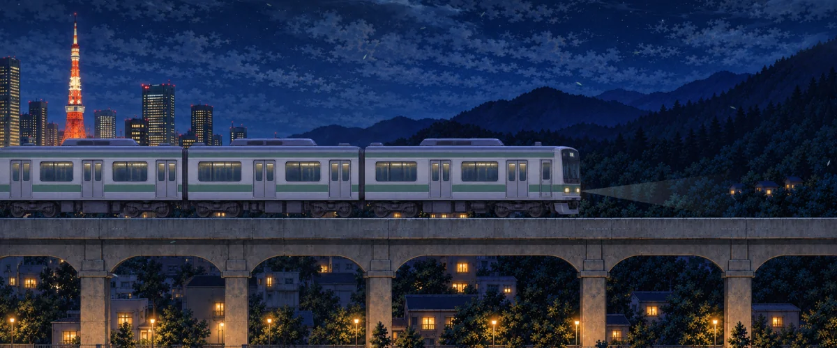 A night train crosses a viaduct out of Tokyo.