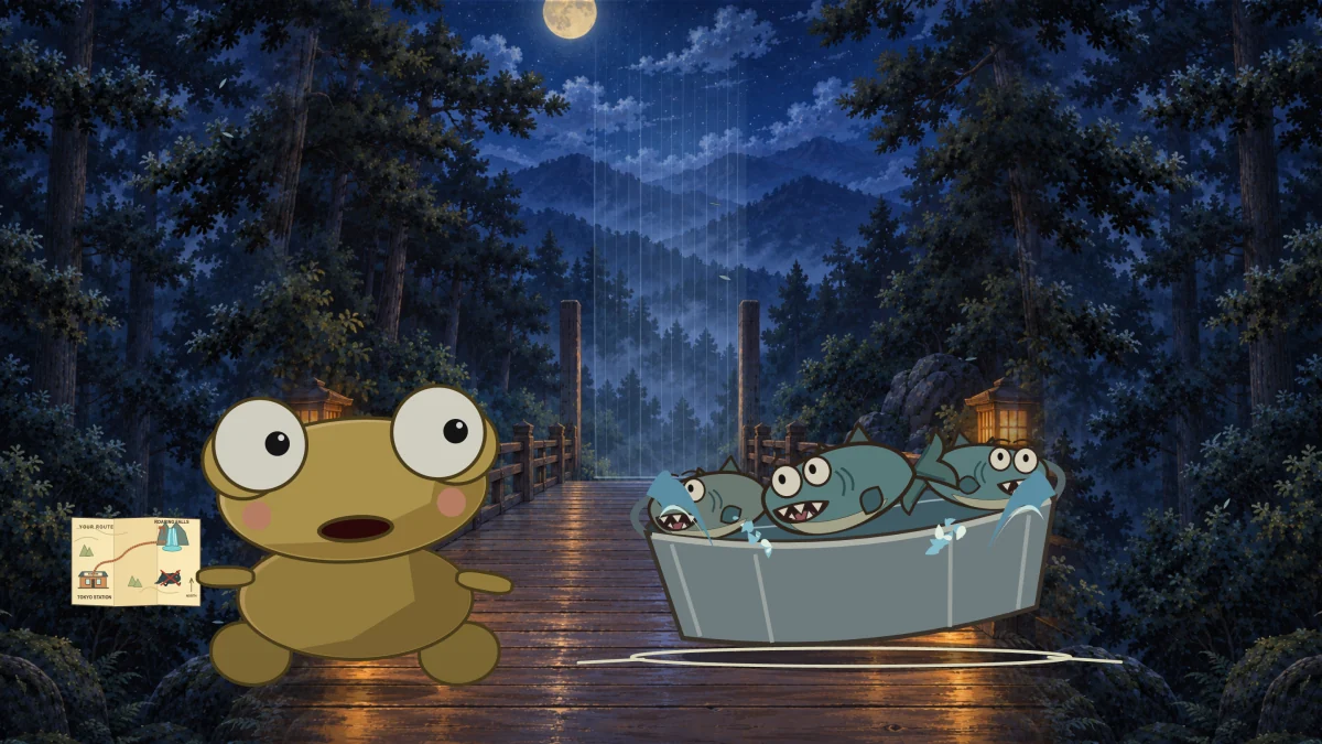 The washtub crashes down on the bridge beside Kero.