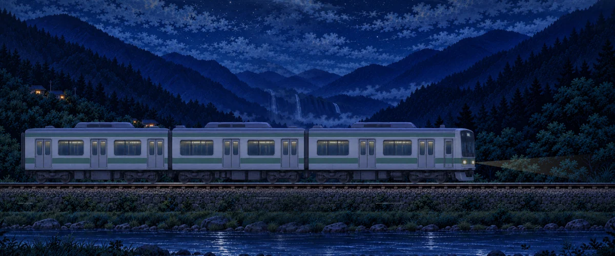 The train runs north through a moonlit mountain valley.