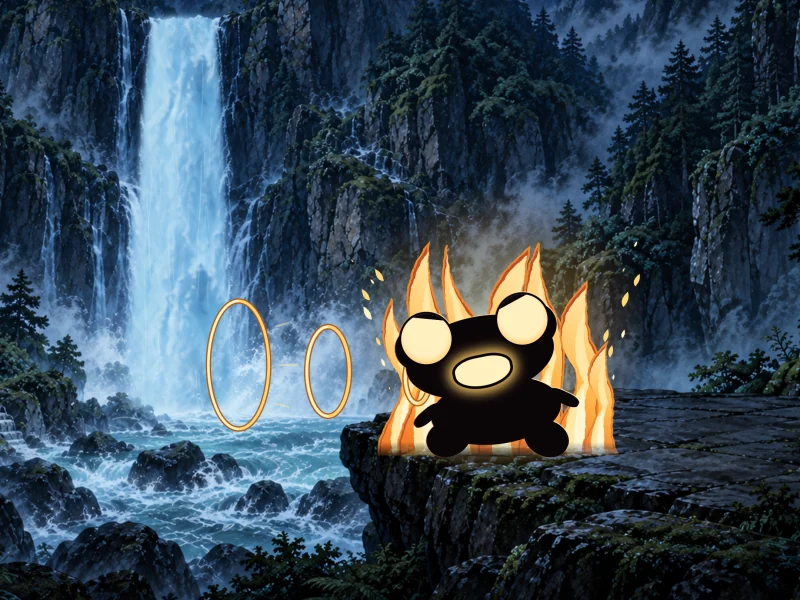 The frog silhouette croaks, sending rings of sound toward the falls.