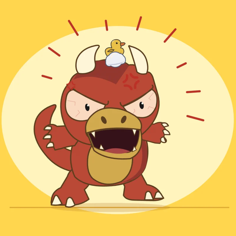 Goro stamps and roars, the duck still on his head.