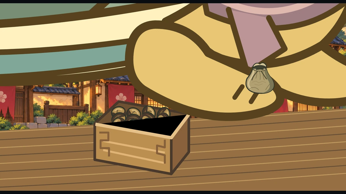 Grandma Kame’s hand lifts a little pouch of beans beside the wooden box.