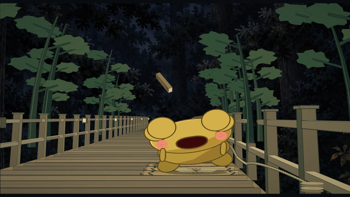 Kero is squashed flat by the falling rail, which bounces off his head.