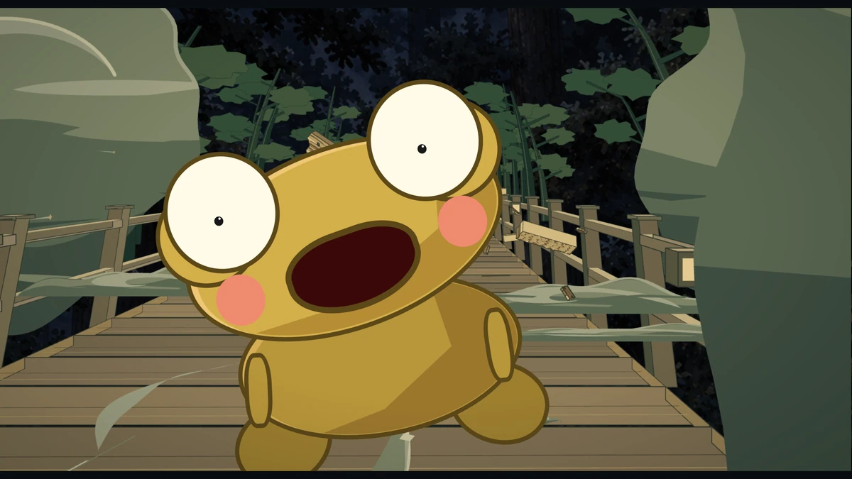 Kero leans into the wind on the bridge, eyes huge and mouth wide open.