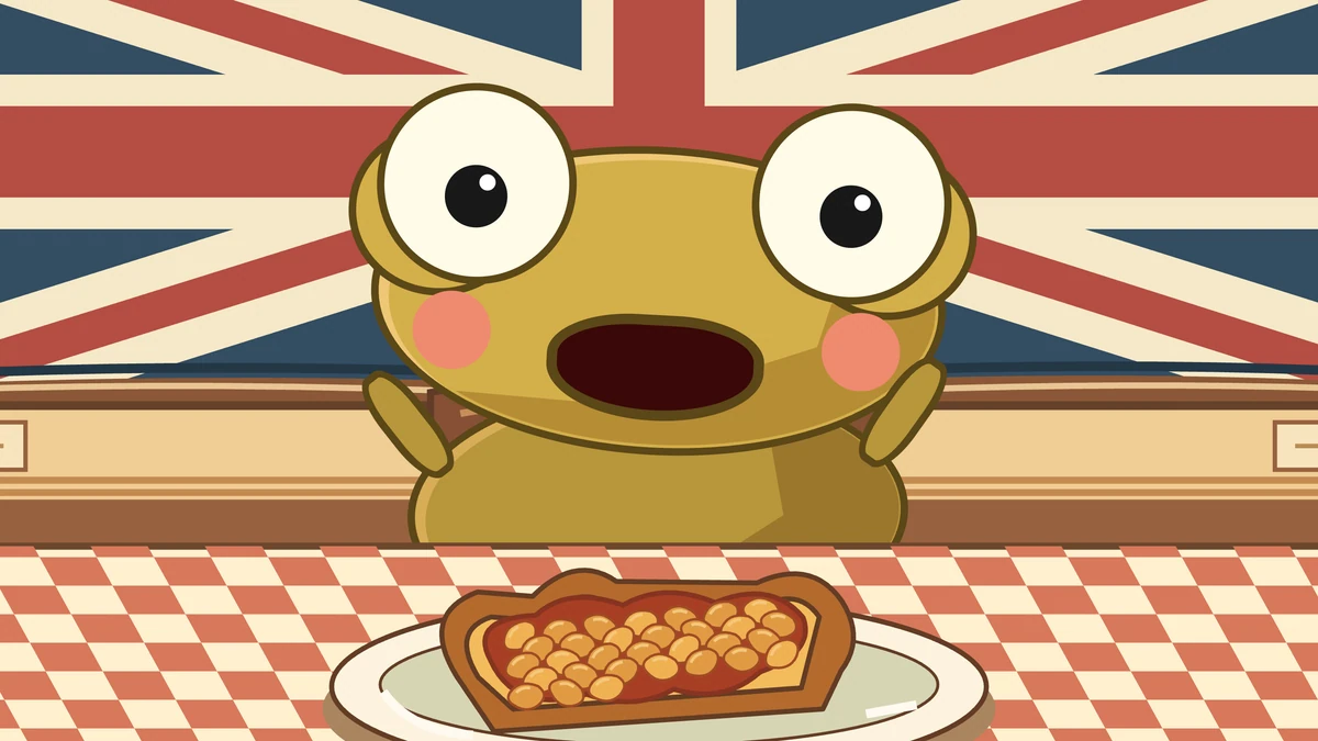 In his daydream, Kero sits at a breakfast table under a Union Jack, singing at a plate of beans on toast.