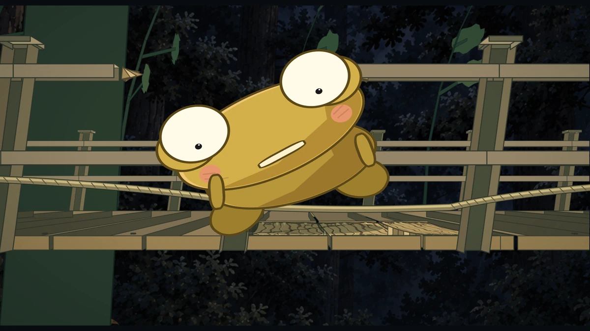 Kero wobbles against the railing as the board beneath him starts to give.