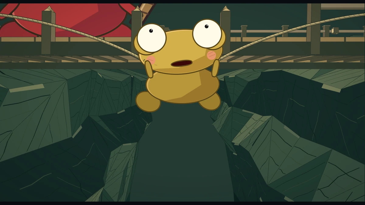 Kero hauls himself up the rope as the oni’s red shape looms at the edge above.