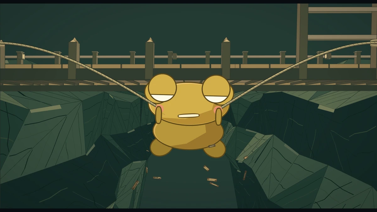 Kero dangles under the bridge, clinging to the rope with his eyes squeezed shut.