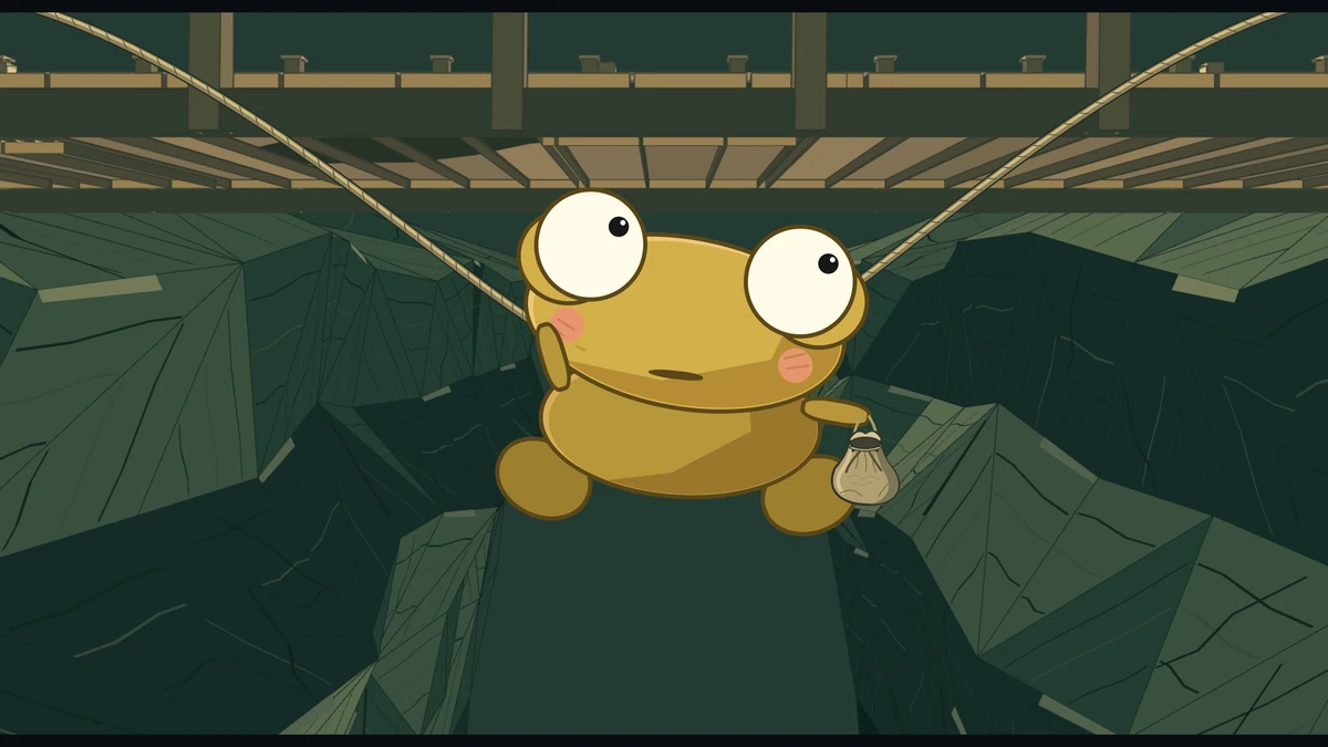 Kero hangs on with one hand and holds the pouch in the other.