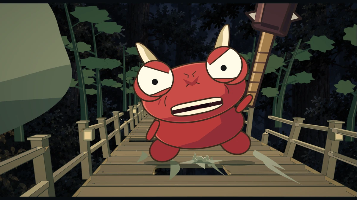 The red oni charges along the bridge with his spiked club held high.