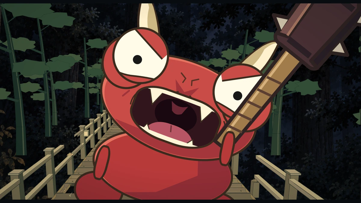The red oni roars at the lens, his spiked club raised over his shoulder.