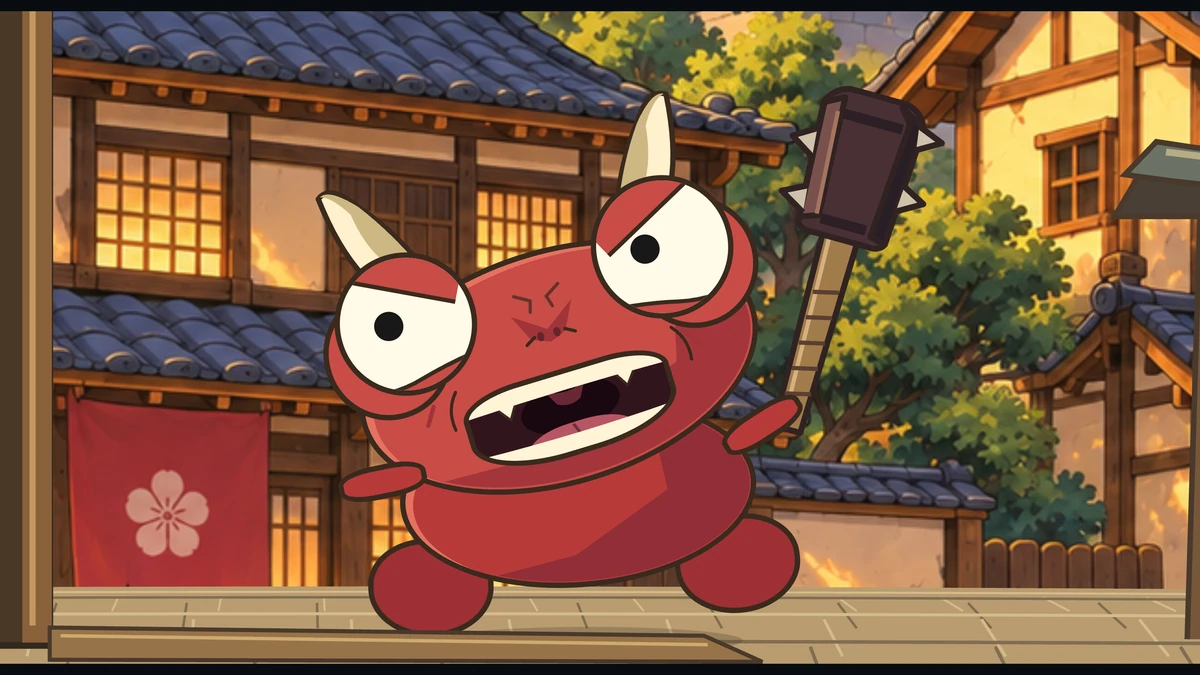 The oni bares his teeth and lifts his spiked club.